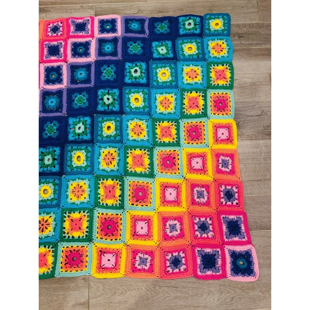 Handmade Crochet Granny Square Throw Blanket Rainbow Ombre Afghan 48x52 Boho